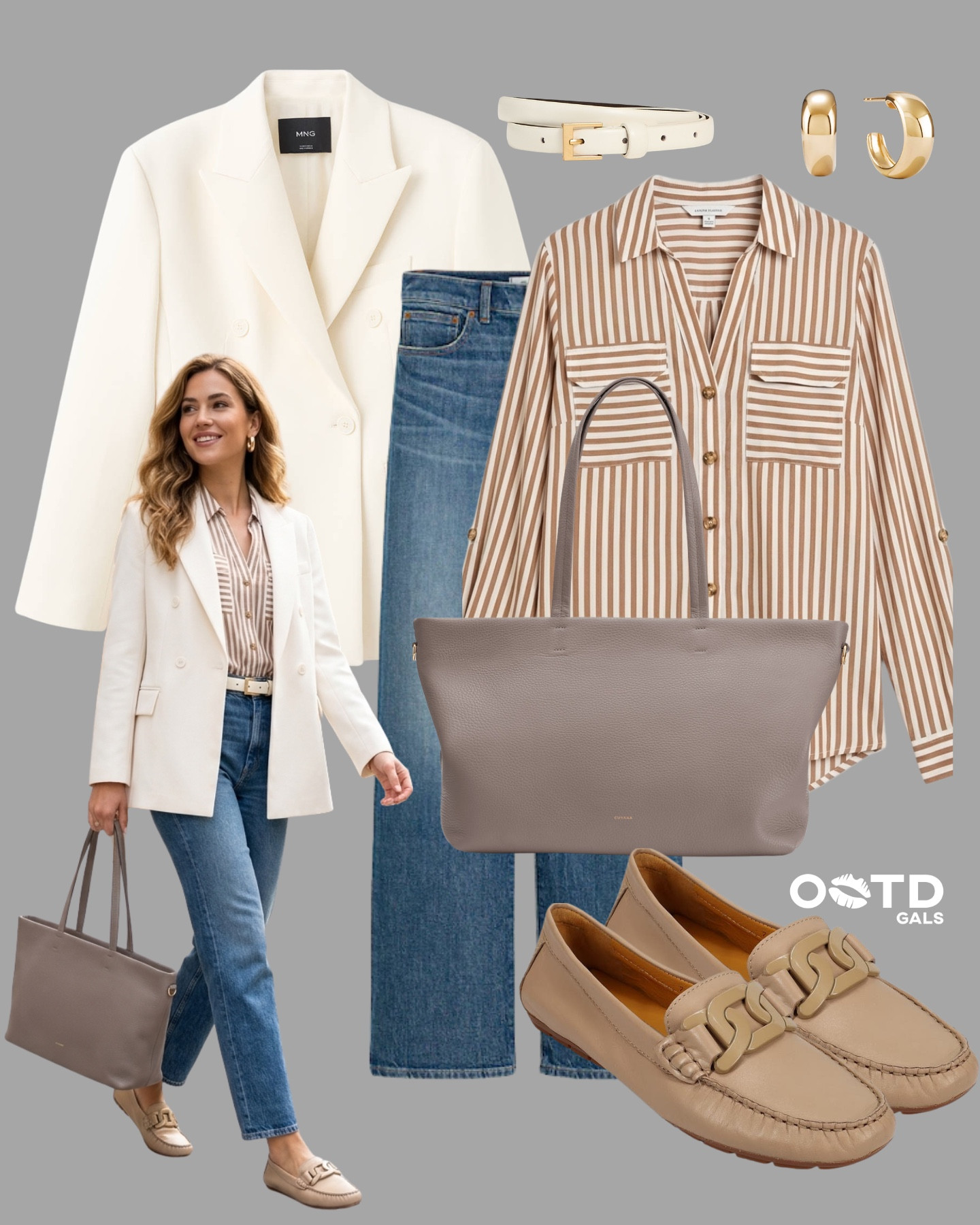 Soft Neutrals, Everyday Polish 🤍🤎

Easy layers in warm tones that feel clean, elevated, and effortlessly put together.

Simple pieces, styled right.

✨ Style Details:
• Cream blazer for a sharp, structured layer  
• Striped blouse to add subtle interest  
• Classic straight-leg denim for balance  
• Taupe tote for a chic, practical finish  
• Beige loafers for a refined, comfortable touch  
• Gold accents to tie everything together  

Relaxed, refined, and ready for anything ✨

#LTKStyle #LTKCasual #EverydayChic

#LTKSeasonal #LTKgrwm #LTKootd