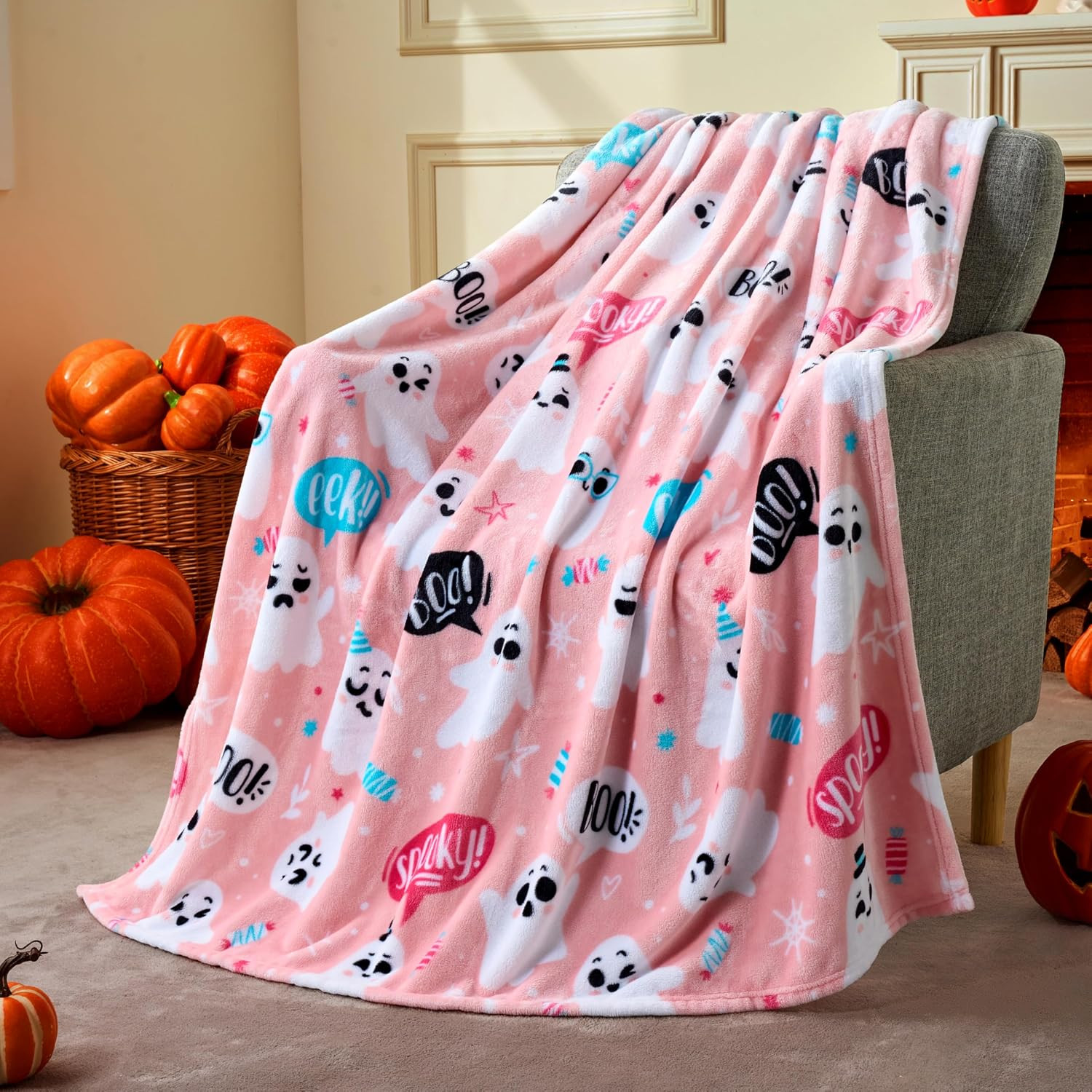 Joiedomi Halloween Throw Blanket - Soft Plush Pink Ghost Blanket - Cozy Flannel Decoration for Party, Sofa, Bed, Living Room 50"x60" | Amazon (US)