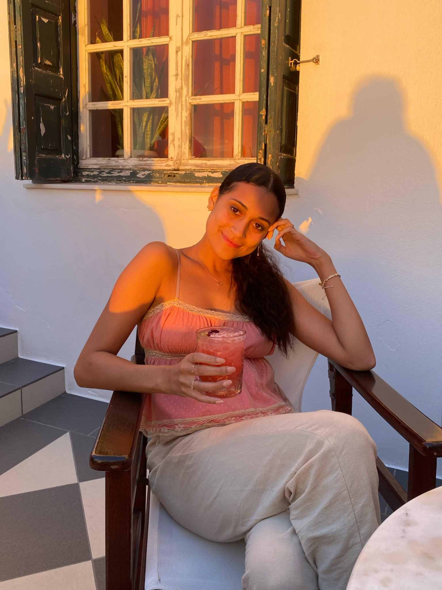 Sunset vibes dinner outfit dinner top pink cami pink shirt crop top gold top spaghetti strap top dinner attire cami