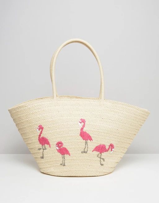 South Beach Embroidered Flamingo Straw Beach Bag | ASOS US