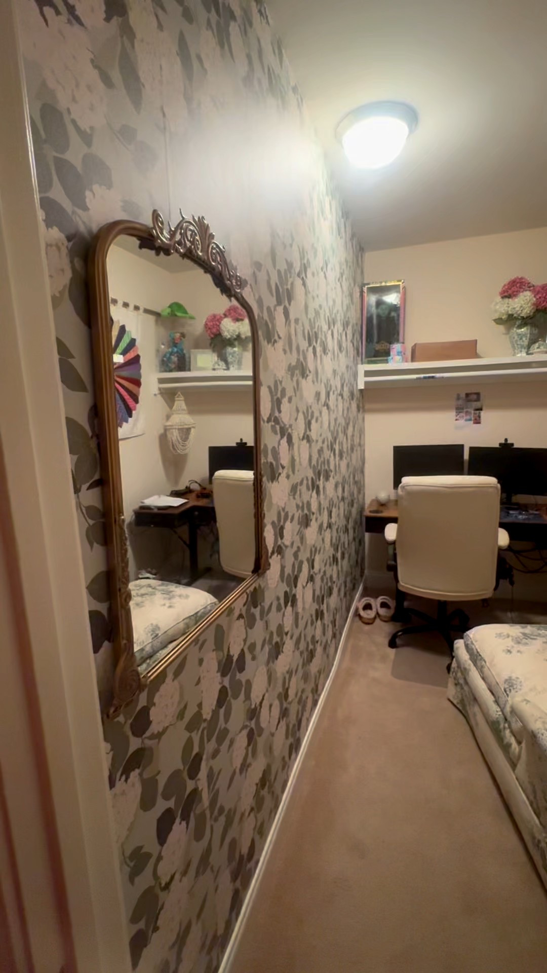 Everyone knows the larger room is going to be my “closet” for all my clothes and then my office can just go in the closet! 

I snagged some wallpaper to make this dungeon look a little brighter and for now the lounger stays. Thurs is my long meeting day and sometimes I need to sit and relax while attending back to back meetings! 
My husband put together this electronic desk that you can even set preferred heights for a single button push. I stay focused in here and not distracted by workers in the house or delivery people. For me it’s perfect! 

#wallpaper #livinglargeinlilly #desk #ergonomic #workfromhome #homeoffice #work 

#LTKHome #LTKmorningroutine #LTKdayinmylife