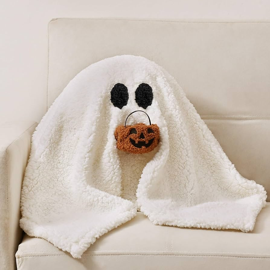Cute Ghost with Pumpkin Bucket Plush Pillow – Halloween Sherpa Throw Pillow for Kids & Adults, ... | Amazon (US)