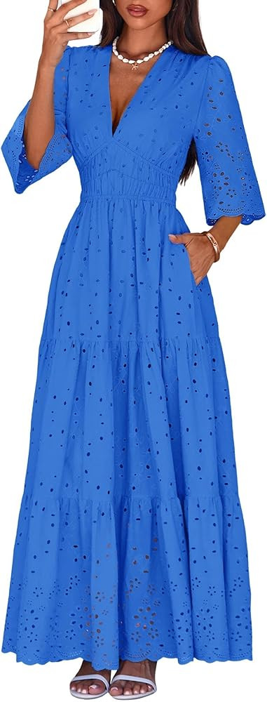 Lazysmile Long Sleeve Dresses for Women V Neck Hollow Out Eyelet Ruffle Swing A-Line Fall Vacatio... | Amazon (US)