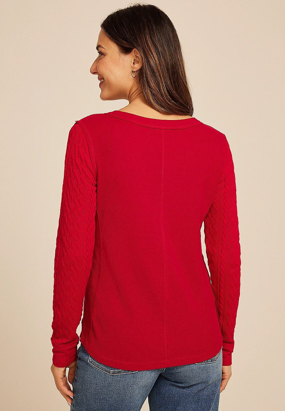 Red Cable Knit Henley Long Sleeve Tee | Maurices
