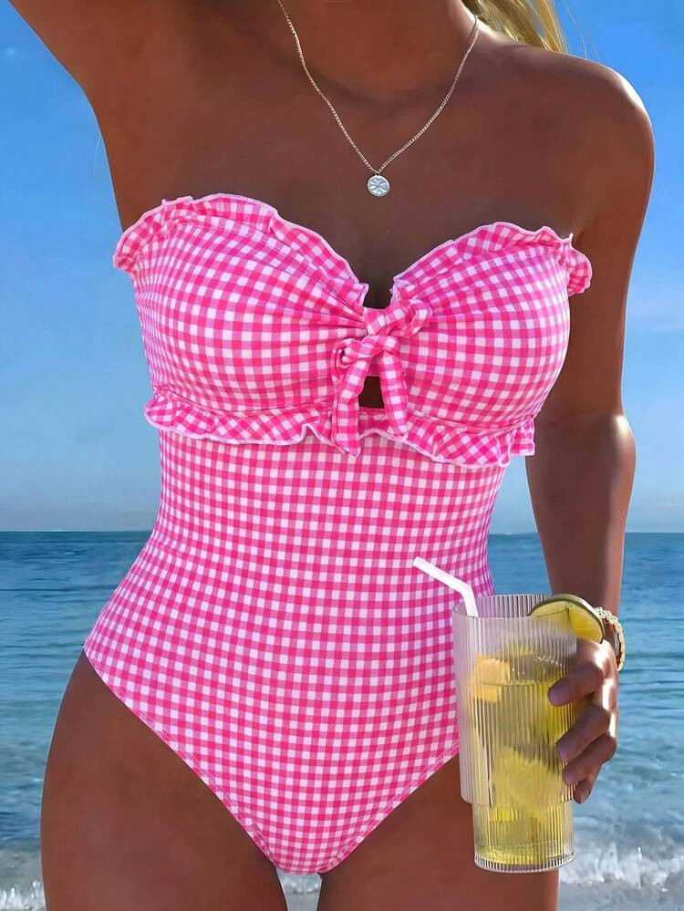 Swim Mod Women's Fashionable & Cute Beachwear, Special Fabric Plaid Flounce Halter Mod Dress, Sui... | SHEIN