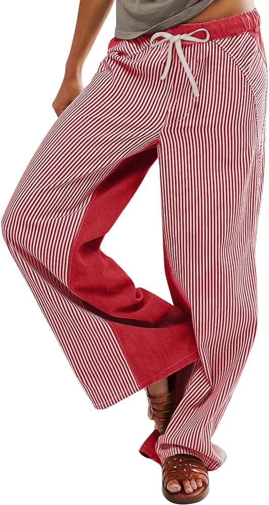 Low Rise Striped Pants for Women Pull On Drawstring Boho Wide Leg Jeans Trendy 2025 | Amazon (US)