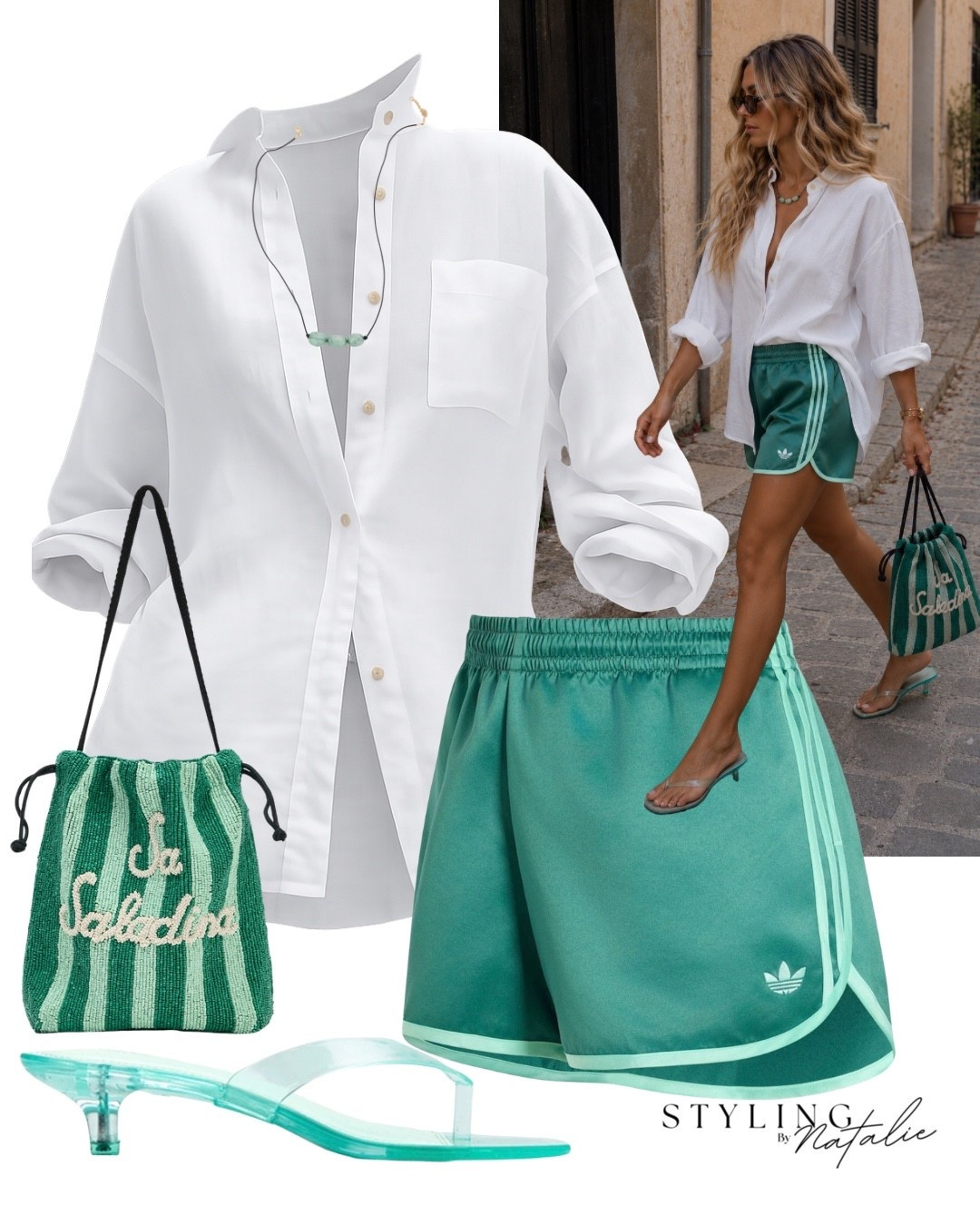 White linen shirt, turquoise Adidas satin runner shorts, jelly kitten heels, beaded bag and bead necklace.

Summer outfit, Track shorts, athletic shorts, casual chic, elevated casual, holiday outfit @adidas

#LTKsummer #LTKuk #LTKeurope