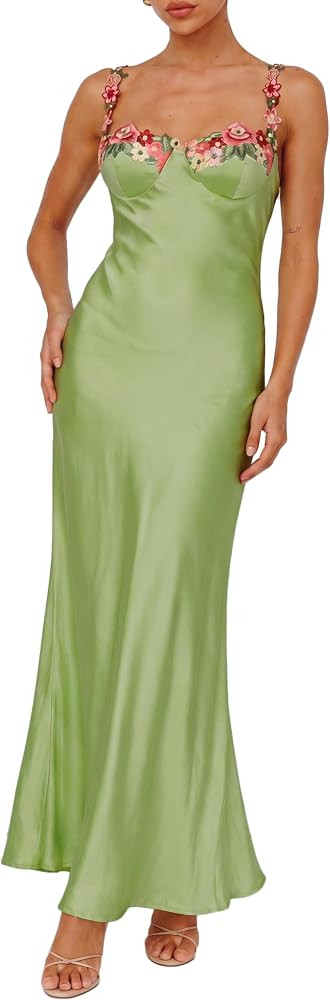 Realtix Satin Spaghetti Strap Floral Maxi Dress for Women Wedding Guest | Amazon (US)