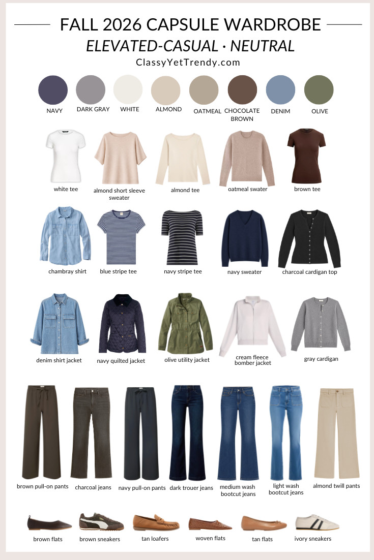 My 28-Piece Fall 2026 Elevated-Casual Capsule Wardrobe 🍂 Classic and trending pieces in neutral colors that I will be wearing this fall season.  virtual stylist NeutralAesthetic MinimalistStyle

tee, cardigan, utility jacket, barn jacket, denim jacket, bootcut jeans, trouser jeans, sweater, low profile sneakers, ballet flats, loafers 

#FallFashion #casualstyle #falltrends #navy #chocolatebrown 
 

 