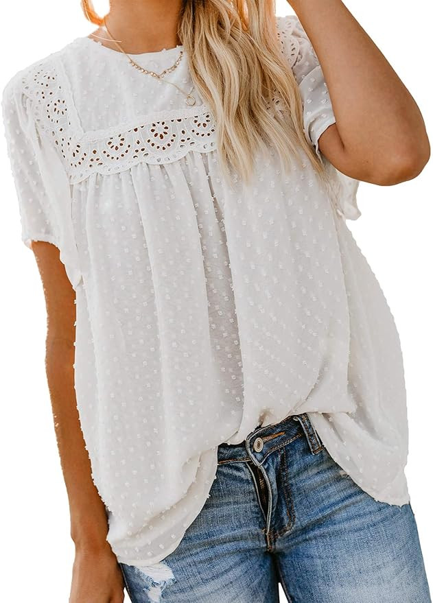 Dokotoo Womens Crewneck Lace Crochet Pom Pom Flowy Short Sleeve Casual Shirts Blouses Tops | Amazon (US)