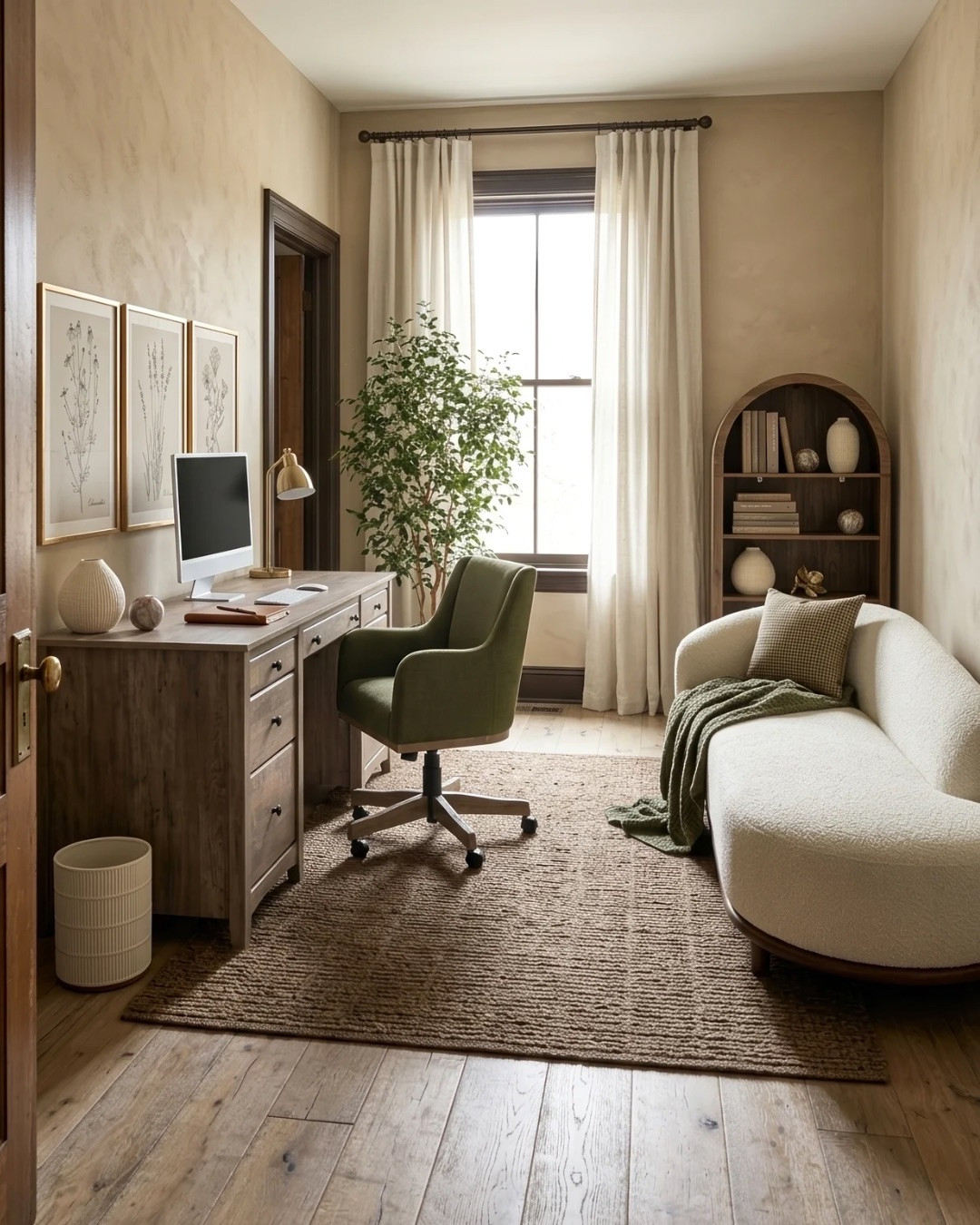 Earthy Olive Home Office Design Idea

Talk about cozy. I designed this home office around an olive green earthy theme, and it turned out to have the warmest, coziest vibe. This design makes the most of a small space while providing ample storage and a chaise for lounging.

*Note: This is a digital mockup of my room design mood board.

#LTKHome