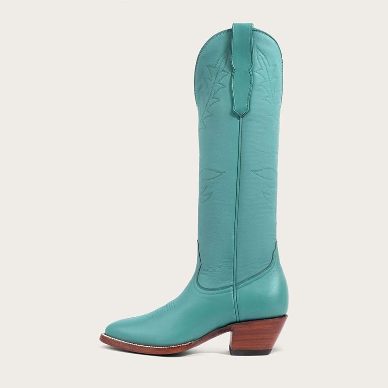 Turquoise Pointed Toe Block Heels Women's Calf High Cowgirl Boots | FSJshoes