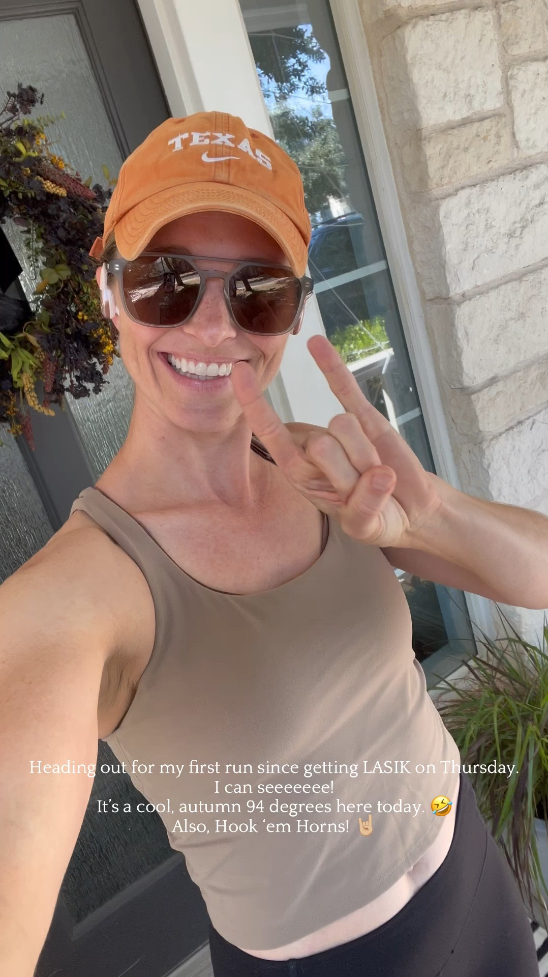 Heading out for a jog for the first time since getting LASIK on Thursday. I can see! (And supporting the Longhorns, of course!) Outfit AND porch decor details linked here! 
For size reference, I’m 5’-6”, 135 lbs. Leggings are a size small and top is a medium. 

#LTKActive #LTKFitness #LTKHome