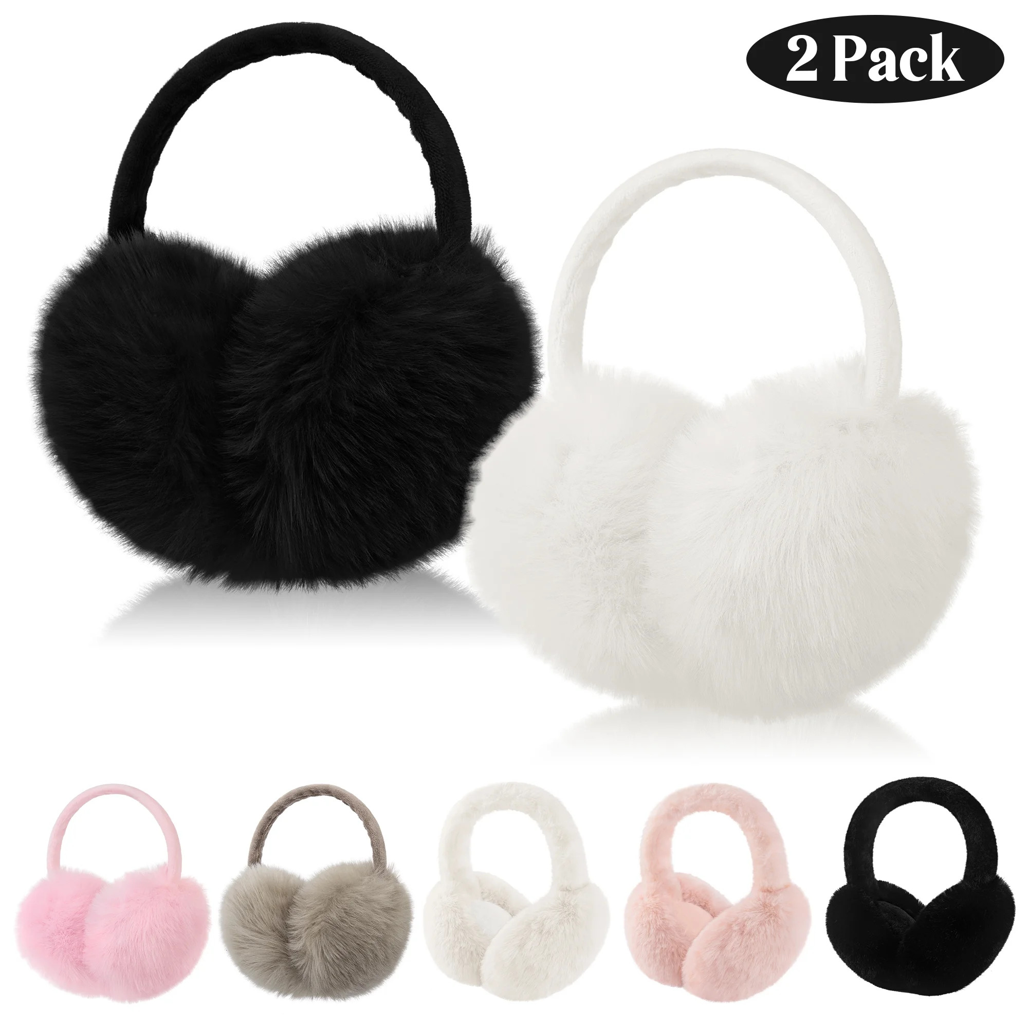 Loritta 2 Pcs Winter Earmuffs for Women Fluffy Cute Ear Muffs for Winter Black and White | Walmart (US)