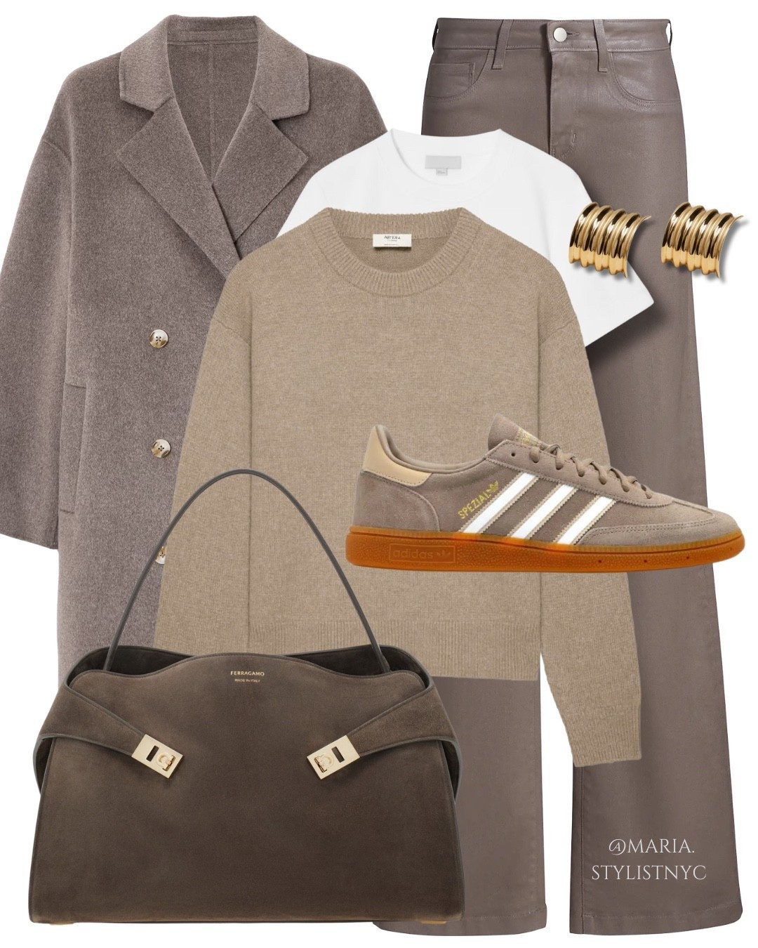 Taupe outfit 🤎✨
Taupe jeans, coat, cashmere sweater, Adidas sneakers, suede tote bag. 

#LTKShoeCrush #LTKItBag 

#LTKSeasonal