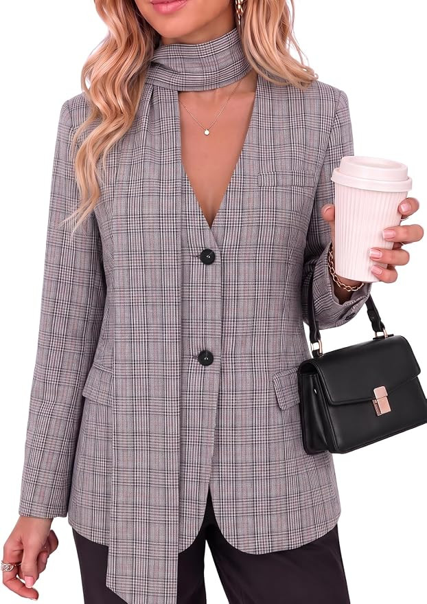 Cicy Bell Womens Plaid Casual Blazers V Neck Button Down Suit Jackets | Amazon (US)