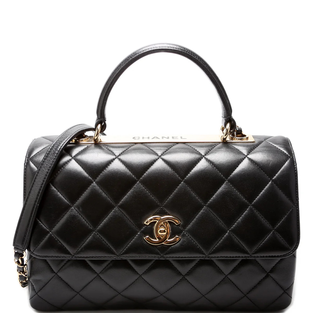 Trendy Top Handle Medium Lambskin 28M Black | Keeks Designer Handbags