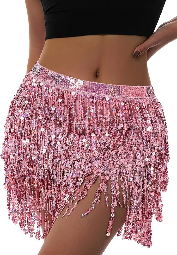 Women Belly Dance Hip Sequin Tassel Skirt Sparkly Fringe ScarfWrap Rave Costume Space Cowgirl Out... | Amazon (US)