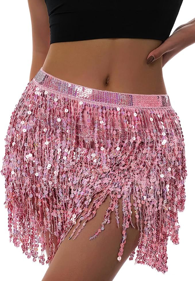 Women Belly Dance Hip Sequin Tassel Skirt Sparkly Fringe ScarfWrap Rave Costume Space Cowgirl Out... | Amazon (US)