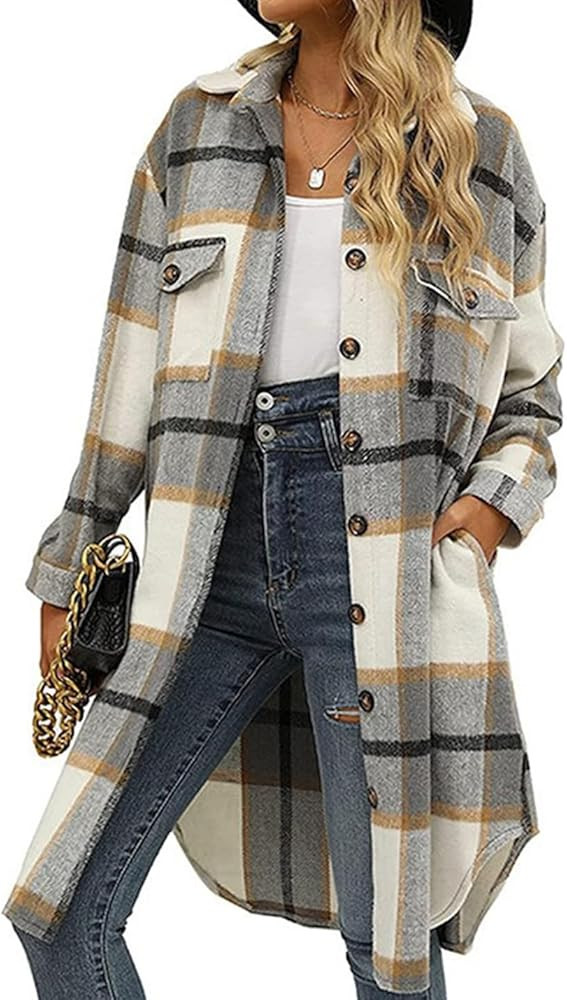 Peaceglad Women's Lounge Lapel Button Up Long Sleeve Plaid Long Shirt Jacket Shacket | Amazon (US)
