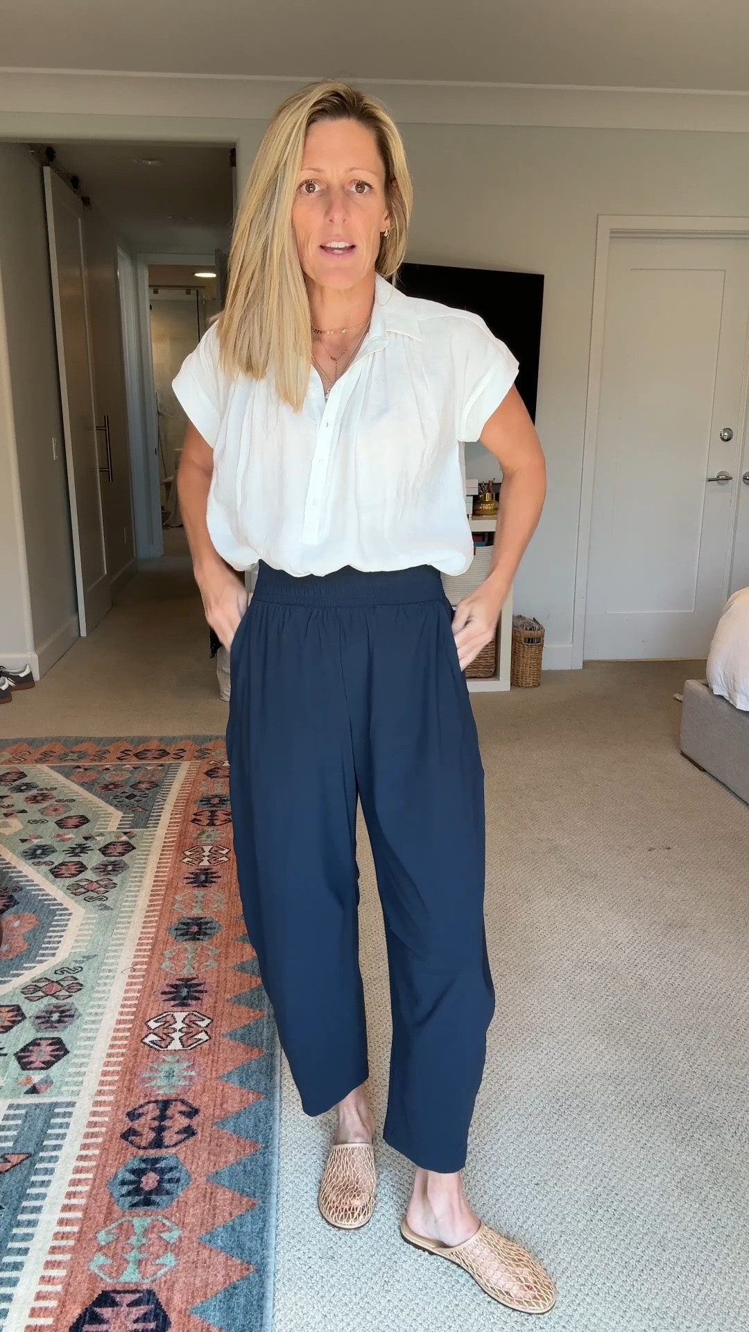 These active barrel pants from target are seriously the most comfy ever and just $35.  I love this classic collared top, ￼I’m buying it more colors for sure.  And I can’t forget my favorite shoes. Yes, they are like fishnet for your feet.  

#CasualOutfits #SchoolPickUpOutfits #MomOutfits #FallOutfit￼

#LTKmomlife #LTKOver40