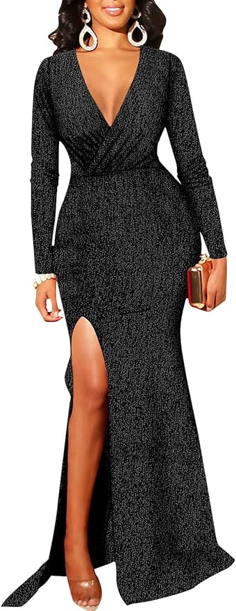 BestGirl Formal Long Sleeve Dress for Women Sequin Bodycon Ruched Sparkly Dresses | Amazon (US)