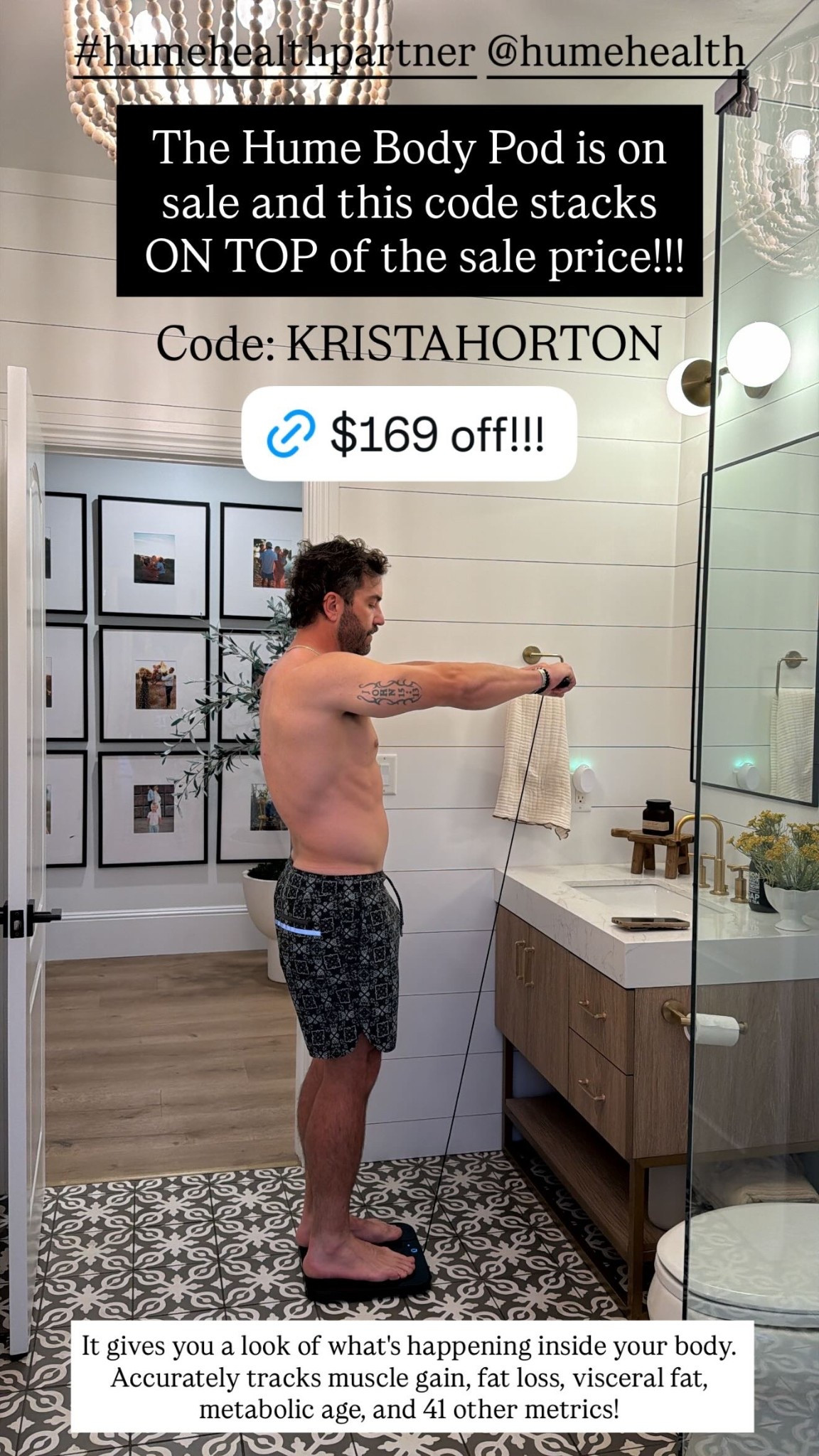 The Hume Body Pod is on sale and this code stacks
 ON TOP of the sale price!!! Code: KRISTAHORTON #humehealthpartner @humehealth  It gives you a look of what's happening inside your body. Accurately tracks muscle gain, fat loss, visceral fat, metabolic age, and 41 other metrics!