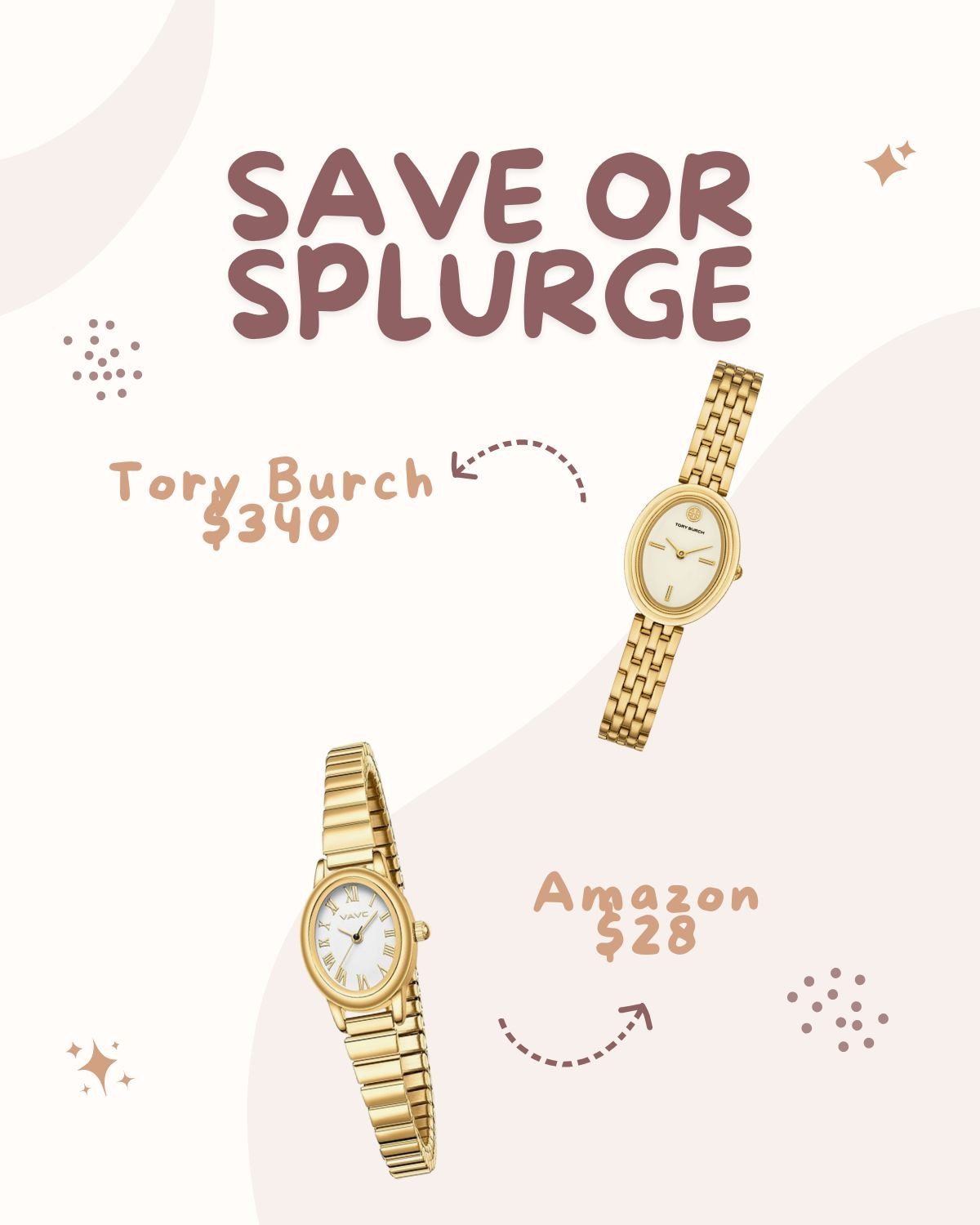 Save or splurge? Gorgeous gold oval watch. On one side: Tory Burch and the other an affordable Amazon piece 

#LTKFindsUnder50 #LTKootd