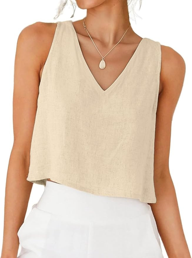 IDEALSANXUN Womens V Neck Cropped Linen Tank Tops Spring Summer Sleeveless Shirts | Amazon (US)