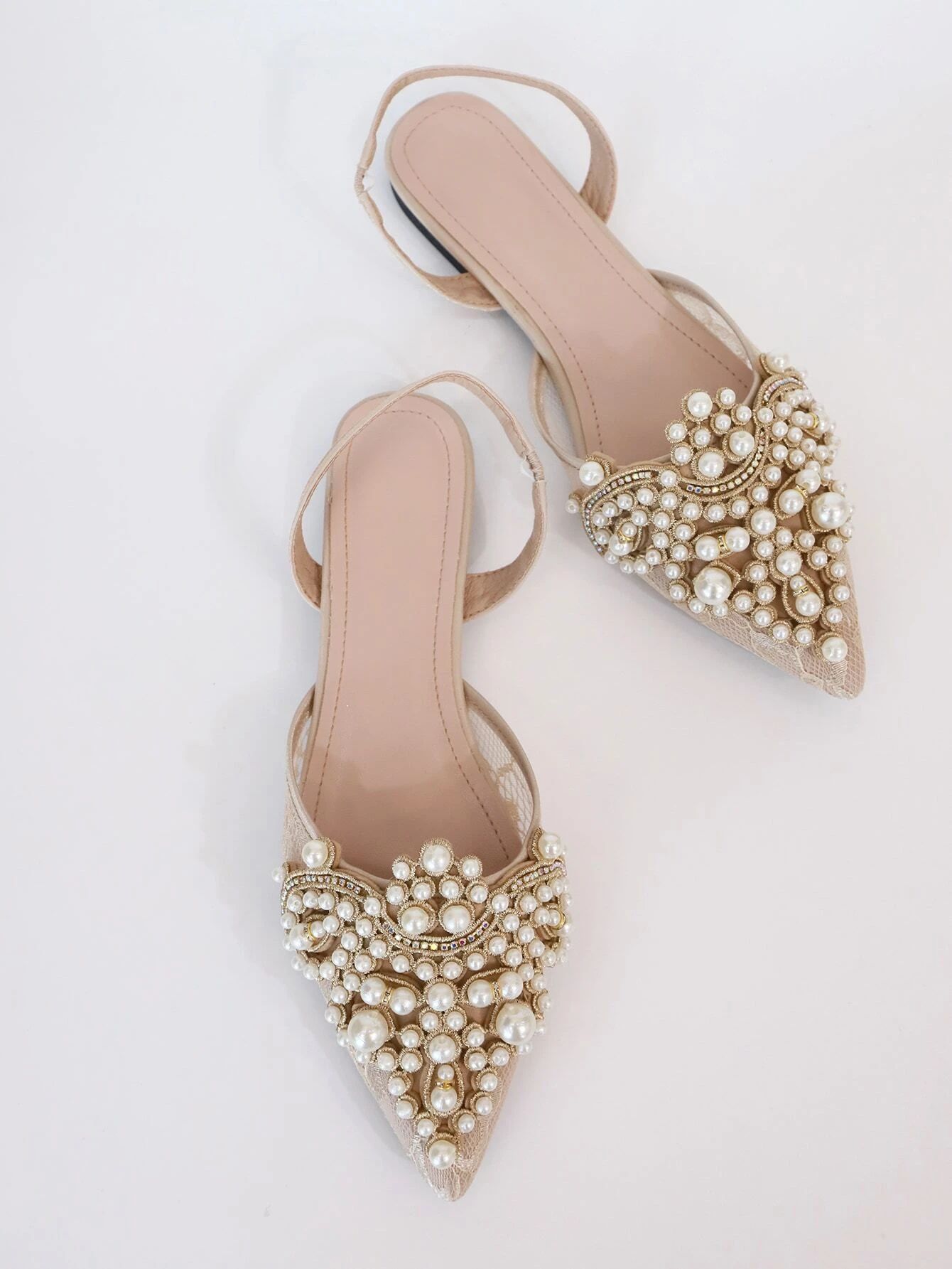 Faux Pearl & Rhinestone Decor Slingback Flats | SHEIN