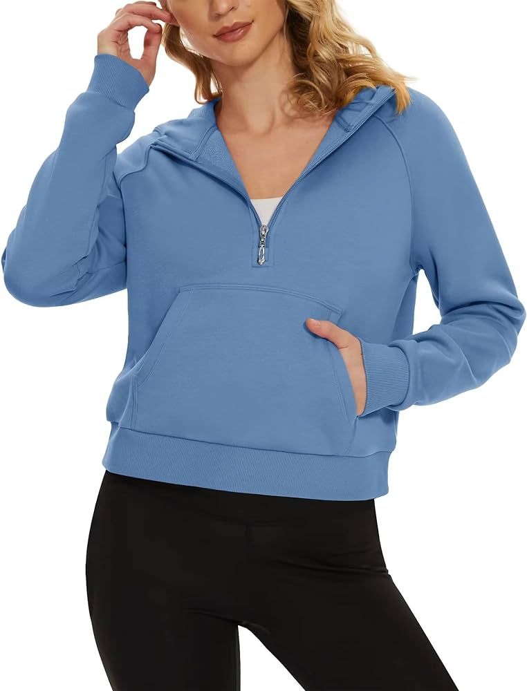 MAGCOMSEN Womens Hoodies Fleece Lined 1/2 Zipper Sweatshirts Long Sleeve Crop Tops With Kangaroo ... | Amazon (US)