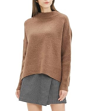 Cable Stitch Women's Mock Neck Cozy Sweater - Oversized Soft Long Sleeve Drop Shoulder High Low H... | Amazon (US)