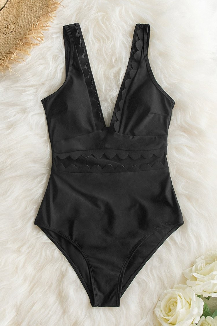 Solid Black V-Neck One Piece Swimsuit | Cupshe