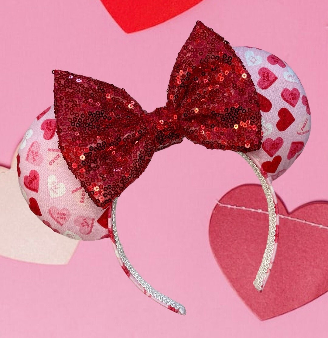 Pink Candy Hearts Valentine's Day Minnie Mickey Ears Headband - Etsy | Etsy (US)