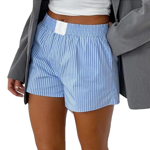 Womens Plaid Striped Boxer Shorts Elastic Waist Pajama Shorts Cute Gingham Sleepwear Y2k Sleeping Pj Micro Shorts (Stripe Sky Blue, M) | Amazon (US)