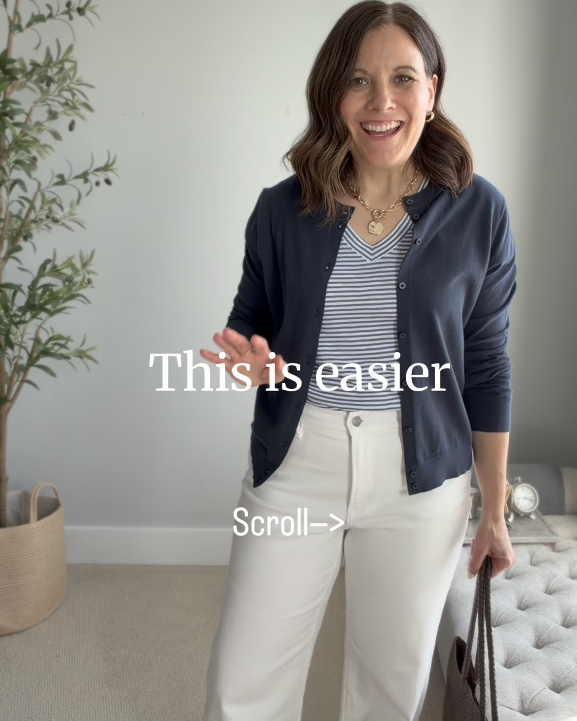 If getting dressed has felt harder than it should, this is what’s making it easier for me.

This spring jeans capsule is built with 5 tops, 3 pairs of jeans, 3 completer pieces, 3 pairs of shoes, a gold necklace (also comes in silver), and a bag. Everything mixes, everything works, and I don’t have to overthink it.

Here are the pieces and how they fit:

J.Crew Factory blue and white ruffle sleeve top
True to size, I’m in a small

J.Crew Factory navy and white striped long sleeve tee
I sized up to a medium

LOFT light blue and white striped v neck tee
True to size, I’m in a small (relaxed fit)

LOFT tan and white striped elbow sleeve tee
Runs small, I sized up to a large

LOFT white blouse
True to size, I’m in a small

J.Crew Factory navy crewneck cardigan
Runs small, I sized up to a large

Quince cream v neck cardigan
True to size, I’m in a medium

Quince denim utility jacket
True to size, I’m in a medium

J.Crew Factory curvy midrise straight jeans (medium wash)
True to size, 28” inseam

J.Crew Factory midrise straight jeans (dark wash)
True to size, 28” inseam

LOFT Rivete wide leg white jeans
True to size, 30” inseam, midrise, very comfortable

Cushionaire big buckle sandals
True to size

Target taupe suede minimalist flats. Similar options linked at other price points.
Run big, I sized down half a size

Amazon raffia mesh Mary Janes
True to size

Quince brown woven tote
Fits everything, great everyday bag

📏For reference, I’m midsized, 5’6”, slightly short-waisted, 36-B bust, and wear a small or medium top with size 10 jeans. 

#LTKSaleAlert #LTKOver40 #LTKMidsize