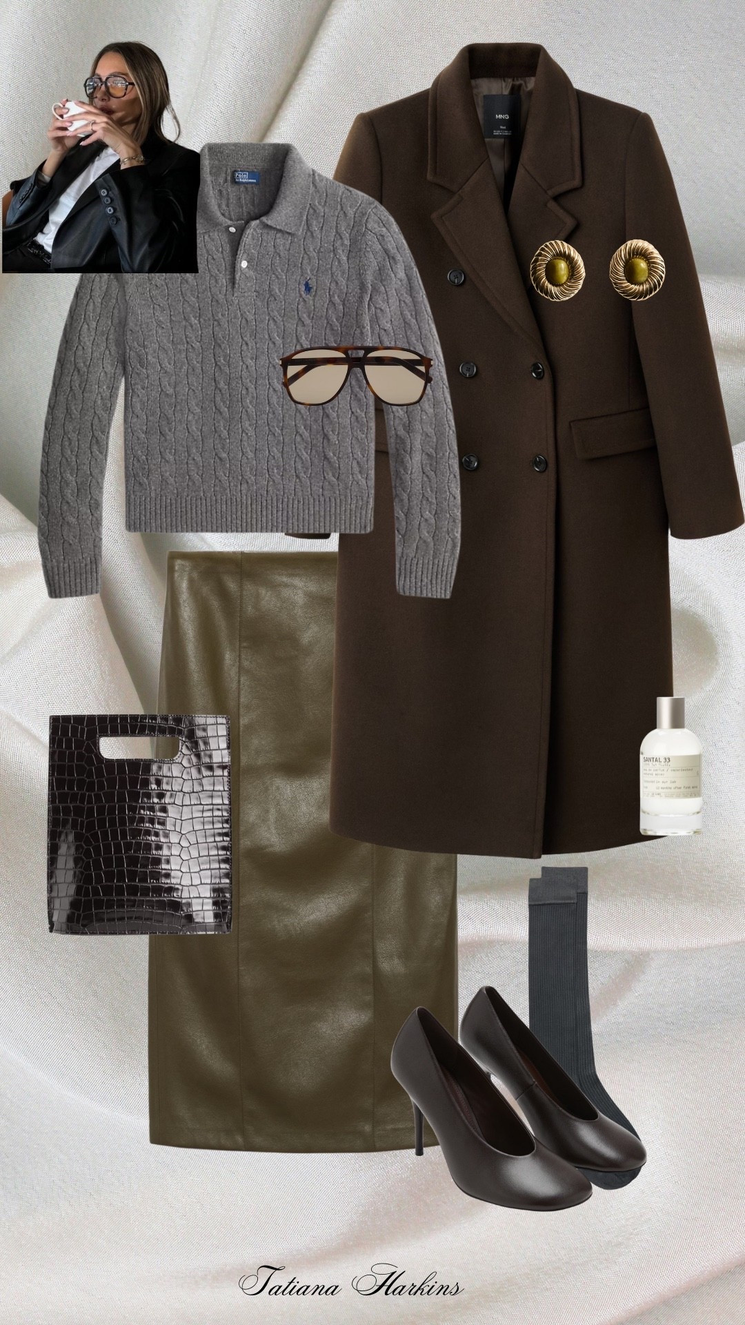 Prada inspired.
Coat styling.
Here are closet staples items.
Grey cable knit jumper is classic can be pared with jeans or dress pants as well.
Leather skirt add a blouse and blazer you will get two more looks 🤌🏻 
Mix of textures ( knit , wool, leather) making this look very interesting and adds a lot of character.
Accessories like socks and croc bag screaming “ I know style” 
#thanksgivingoutfit#nyoutfit#woolcoat#designerinspired#crockbag#knitsweater#cableknit#browncoat#pensilskirt#tatianaharkinsstyle 

#LTKSeasonal #LTKStyleTip #LTKOver40