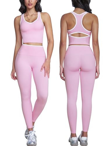 ABOCIW Workout Sets for Women Color Block Gym Set V Neck Racerback Tank Top Built in Bra High Waist Leggings Yoga Pilates Outfits Athletic Work Out Clothes Pink X-Small | Amazon (US)