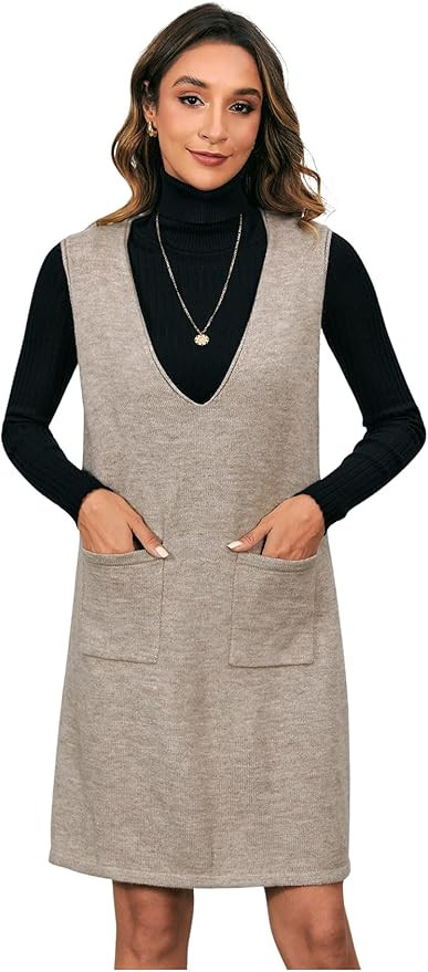 OYOANGLE Women's V Neck Sleeveless Knitted Solid Short Sweater Dress with Pockets | Amazon (US)