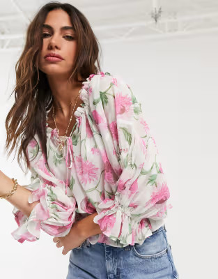 Topshop floral bardot top in pink | ASOS (Global)