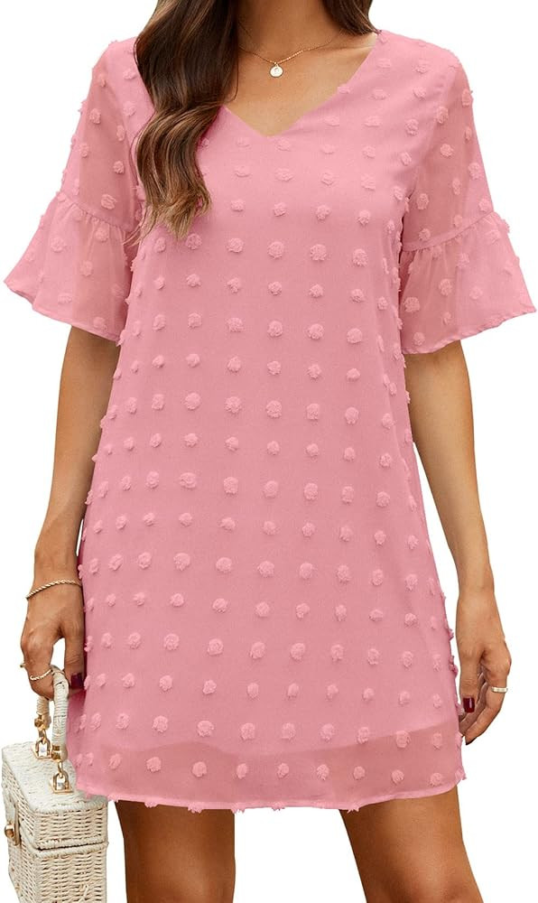 WEACZZY Womens Summer Casual Dresses Short Sleeve V Neck Ruffle Cute Sundress Chiffon Flowy Shift Mi | Amazon (US)