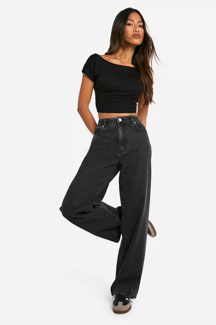 Basics High Waisted Boyfriend Jeans in Washed Black | boohoo (US & Canada)