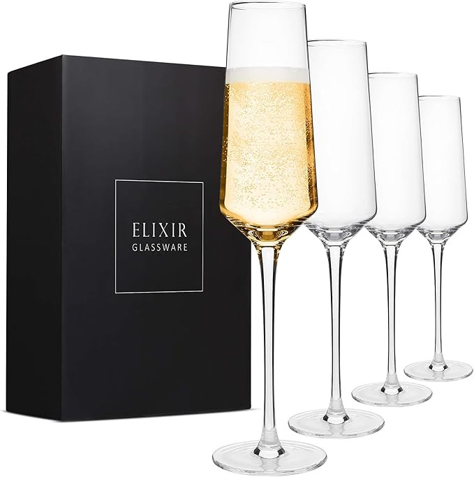 Classy Champagne Flutes - Hand Blown Crystal Champagne Glasses - Set of 4 Elegant Flutes, 100% Le... | Amazon (US)