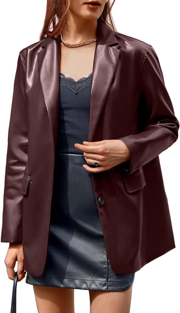 Fisoew Women Faux Leather Blazer Jackets Long Sleeve Button Down Oversized Vintage Lapel Jacket | Amazon (US)