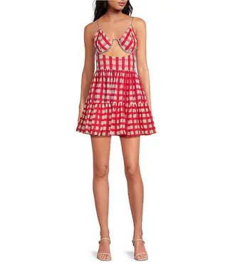 Runa Check Print V-Neckline Sleeveless Mini Dress | Dillard's