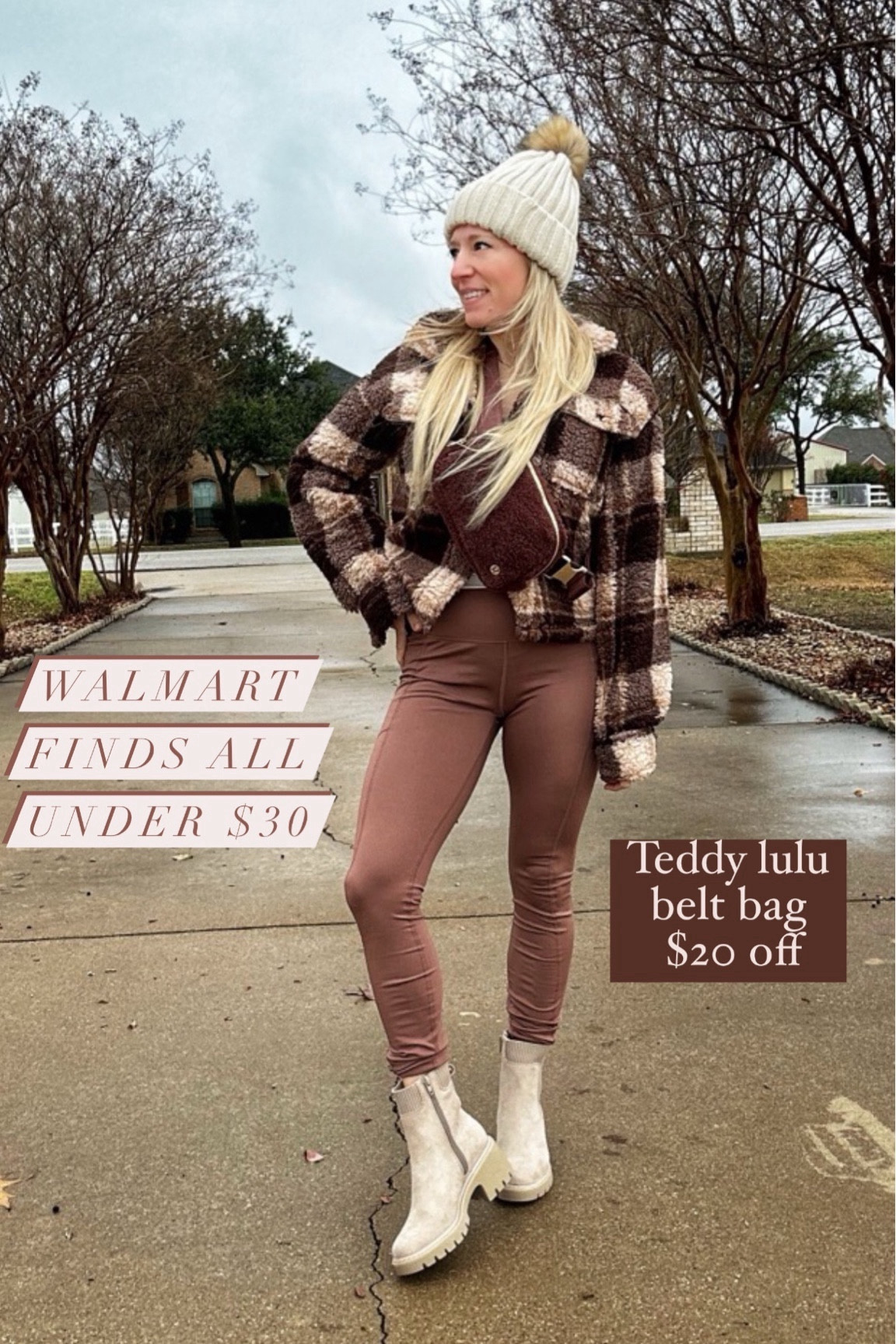 Fall/winter Walmart finds all under $30! 
fleece jacket is so dang warm and comfy and under  $15! Insane. 
True to size wearing XS 

$16 Leggings are great quality and have pockets! Wearing  XS 

And these boots are so cute and comfy and under $30! Wearing sz 6 

lululemon Brown Teddy cross body belt bag (Large size) so it holds quite a bit more! On sale for $39! 

Beanie is from Amazon 

#LTKfindsunder50 #LTKsalealert #LTKSeasonal