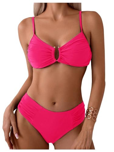 SweatyRocks Women's Two Piece Bikini Set Ring Linked Ruched Underwire Bikini Bathing Suit Swimwear Set Swimming Suit Hot Pink X-Large | Amazon (US)