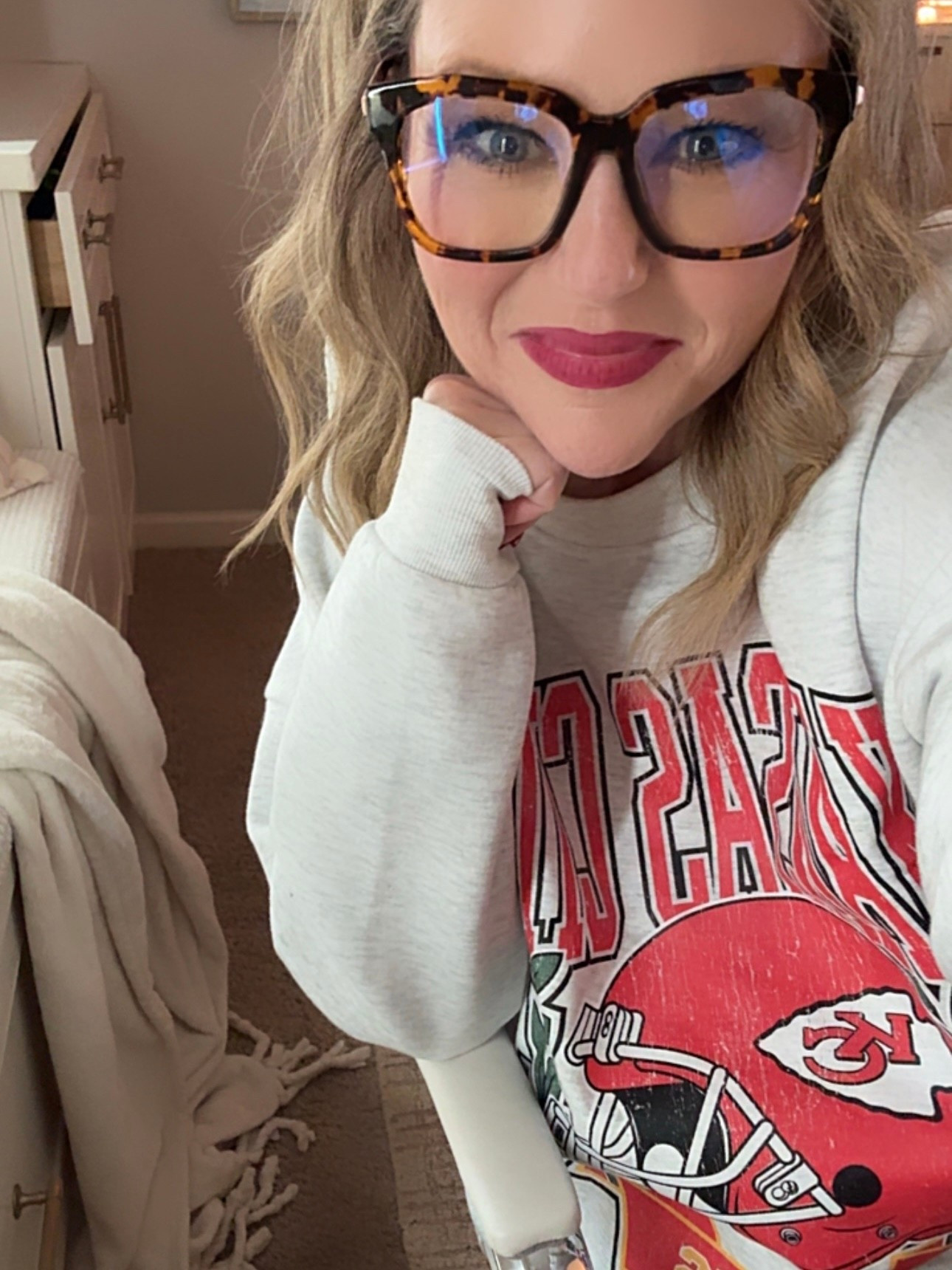 Game day meets office work. Love these oversized blue light blocker glasses from Amazon and chiefs sweatshirt. Amazon finds amazon fashionn

#LTKootd #LTKOver40