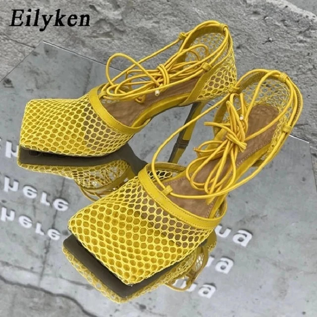 Eilyken Sexy Mesh Pumps Sandals Female Square Toe High Heel Lace Up Cross-Tied Stiletto Hollow Dr... | AliExpress (US)