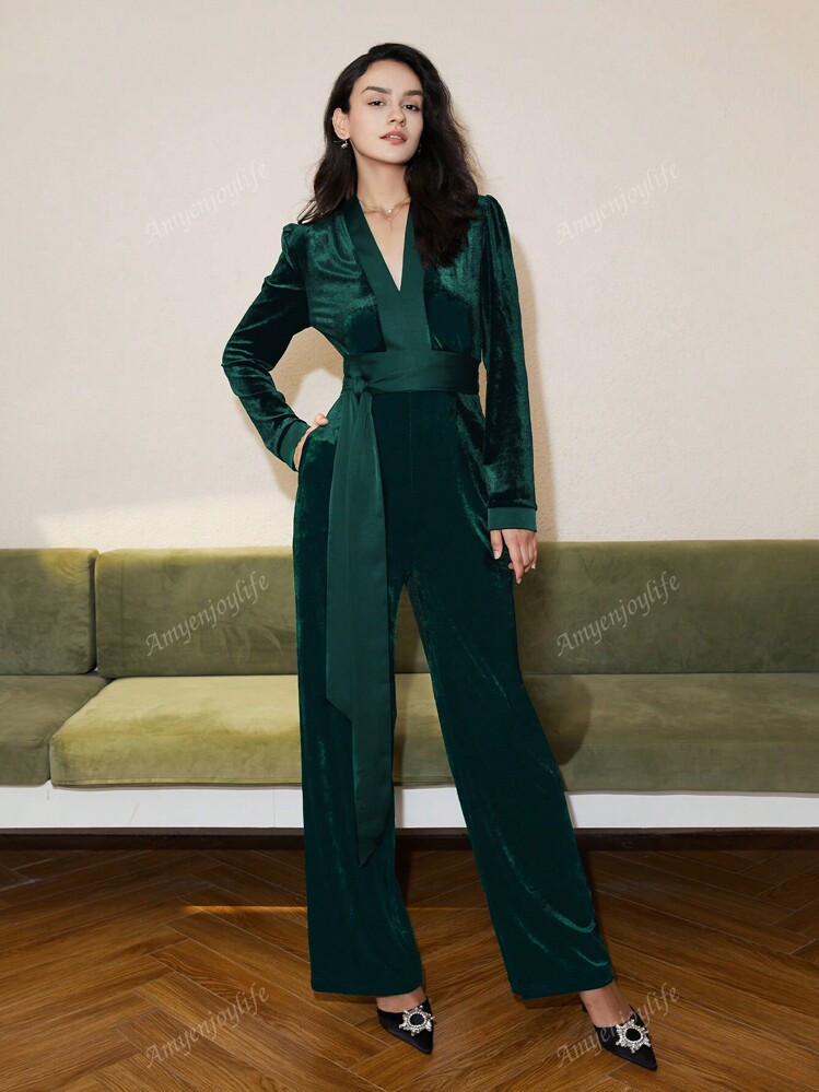 V Neck Belted Velvet Jumpsuit | SHEIN